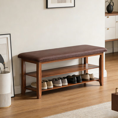 Leather-Cushioned Shoe Bench With Storage — Two-Tier Rubberwood Entryway Bench For Hallway, Front Door & Mudroom