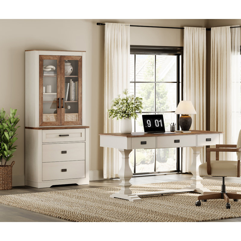Modern Farmhouse Office Set, 59.1" Executive Desk & 73.3" Glass Door Bookcase With Drawers– Premium Home Office Shelving Units With Power Hub，Light Oak