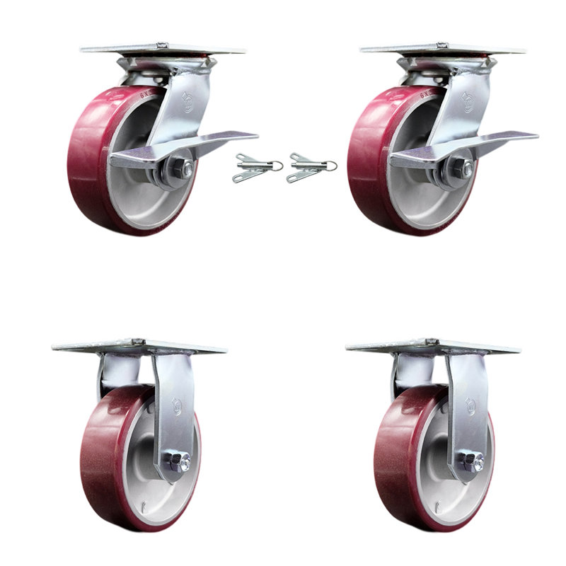 Ensemble de roulettes 6 po en poly sur aluminium, 2 freins / verrous pivotants et 2 CSC rigides
