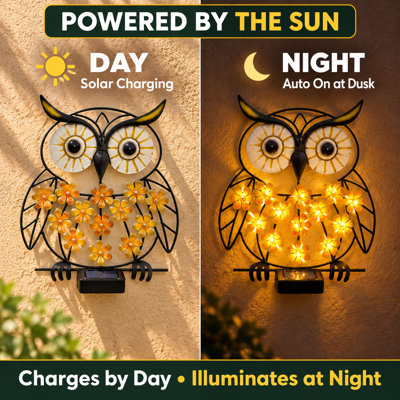 Lampe murale hibou en métal à énergie solaire – Décoration de jardin extérieure étanche avec fleurs DEL
