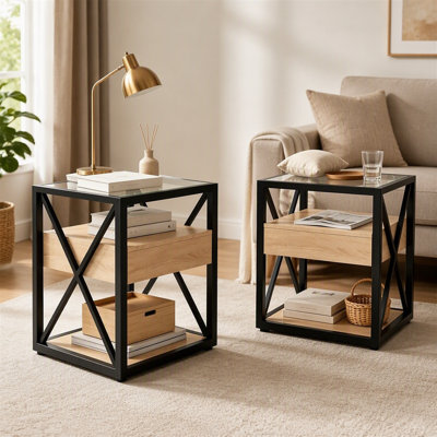 Set of 2 Industrial End Tables with Drawer Tempered Glass Top and Metal Frame Wooden Side Tables for Bedroom Living Room