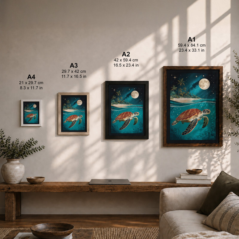 Turtle Under Moonlight Coastal - Framed Print, Unframed, A2 - 59.4 x 42.0 cm