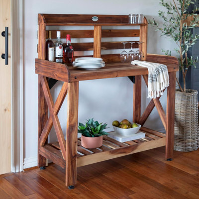47" Acacia Wood Garden Potting Bench & Serving Bar With Lower Storage Shelf, Leveling Feet, All-Weather Farmhouse Design For Patio, Deck, Porch, Kitchen, Dining Room