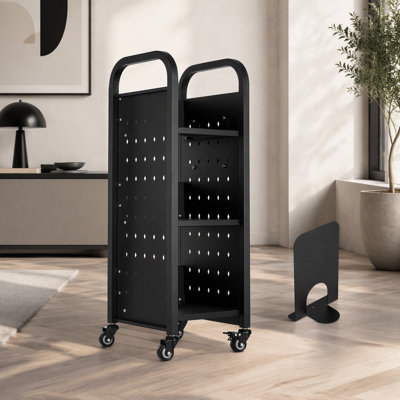 3-Tier Rolling Book Cart Single Sided L-Shaped Shelves Book Truck Black