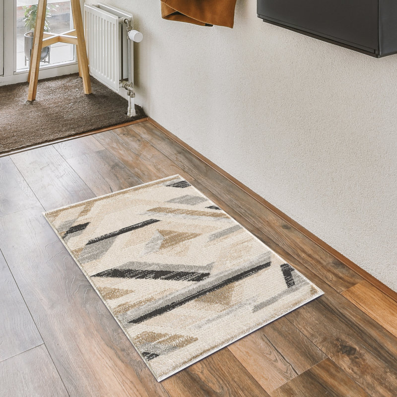 Modern Geometric Turkish Machine Woven Area Rug in Black/Beige/Gray, Rectangle 3' x 5'