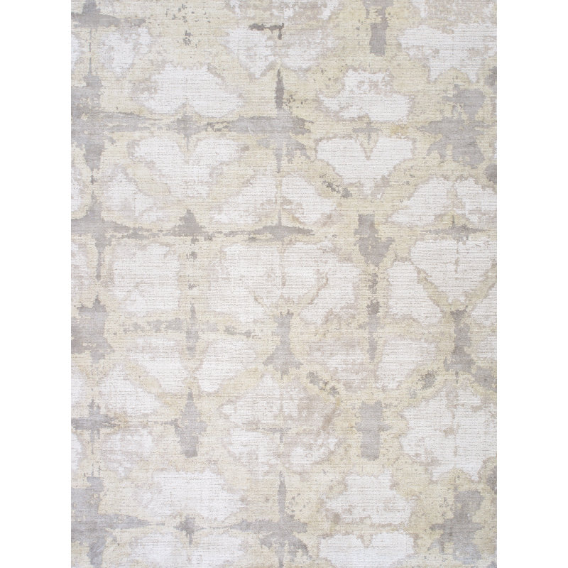 Shibori abstrait tissé à la main en laine / soie ivoire / l. Tapis doré, Rectangle 9 po x 12 po