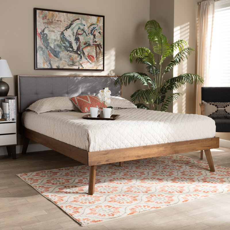 Elegant Full-Size Walnut & Light Grey Tufted Upholstered Bed