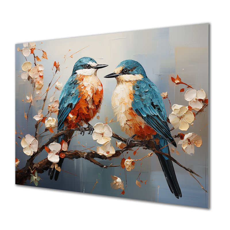 Oiseaux orange et bleus sur un arbre en fleurs - Art mural en métal oiseau, H 24 po x l 32 po x P 1 po