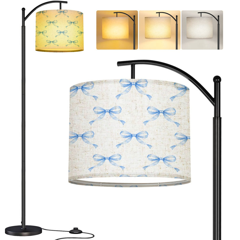  Lampe sur pied à arc avec bordure en satin sans couture et arcs en soie bleue haute répétée Lampe sur pied moderne en lin réglable à 3 couleurs