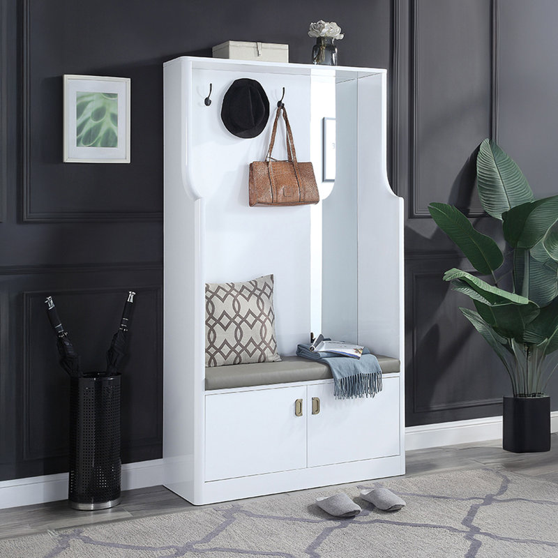 Porte-manteau blanc pour entrée avec siège rembourré, patères et miroir intégré
