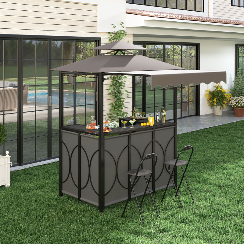 Ensemble de 3 barbecues d'extérieur avec table de bar et 2 chaises de bar pliables pour le patio, Gris
