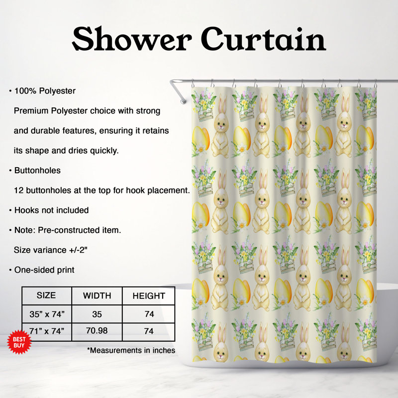 Bunny Prints - Rideau de douche standard 1 pièce, H 74 po x l 71 po