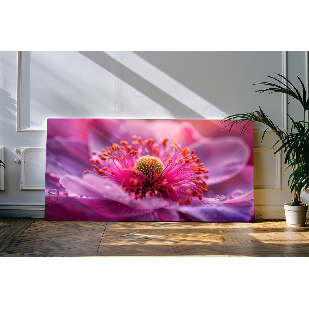 Wandbild 120x60cm Nahaufnahme Wassertropfen Rosa Blume Blüte