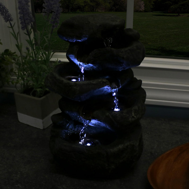 Light Grey Polyresin Stacked Rocks Tabletop Fountain with LED Lights