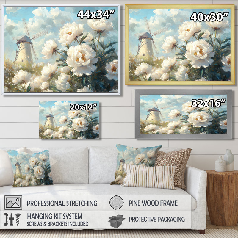 Décoration murale pivoines et moulin à vent Drobman II - pivoines, H 30 po x l 40 po, Toile tendue, Ne s’applique pas