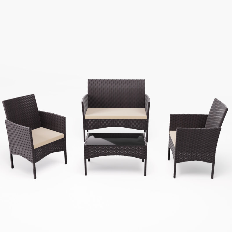 4-Person All-Weather Wicker Patio Conversation Set with Black Tempered Glass Tabletop and Cushions, Tan
