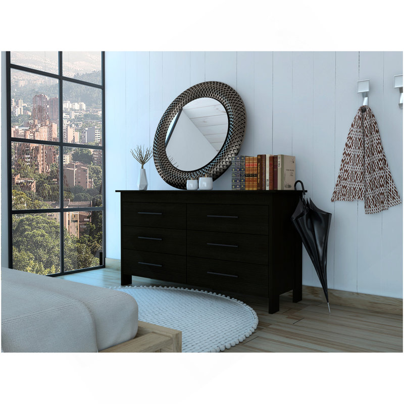 Commode double, quatre pieds, 6 tiroirs, plateau supérieur, noir, Noir