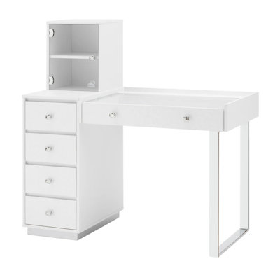 SlayStation Duet Glasstop Makeup Table with Large Display Drawer, Dual Shelves Glass Door Cabinet by Everly Quinn
