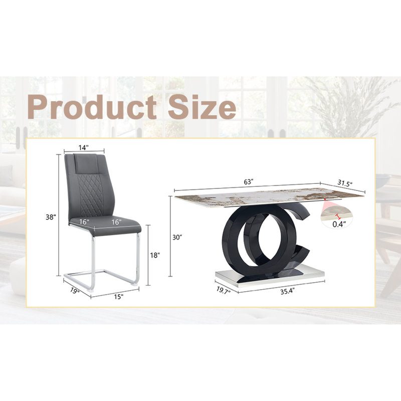 Ensemble de salle à manger: table en pierre frittée en marbre de 63 po x 31,5 po avec support en MDF en forme de O, jumelée à 4 chaises en polyuréthane gris foncé et pieds en métal argenté, parfaite pour les cuisines et les salles à manger