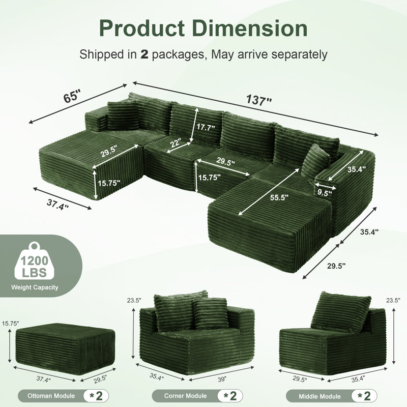 137" Cloud Couch For Living Room, Modular Sectional Sofa With Plush Corduroy U Shaped Big Comfy Upholstered Couches With Deep Seat, Compression Packaging & No Assembly Required