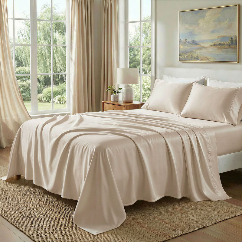 Ensemble de draps 100% coton égyptien 400 fils Threadmill, Beige, Ensemble de draps pour lit simple TG avec 1 taie d
