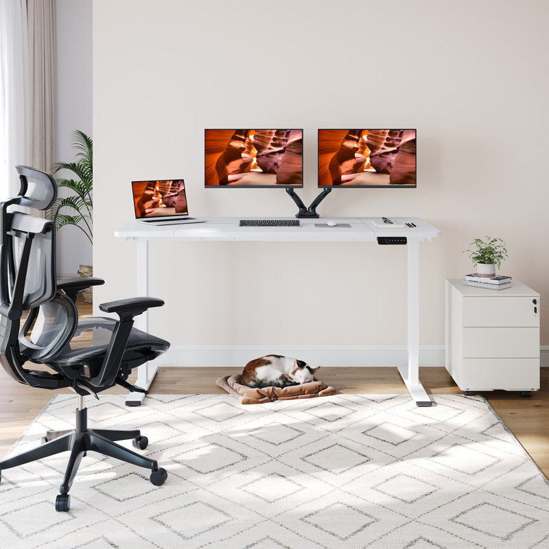 Grand bureau debout électrique à deux moteurs avec contrôleur de mémoire, H 47,6 po x l 63 po x P 28 po, Blanc, Blanc
