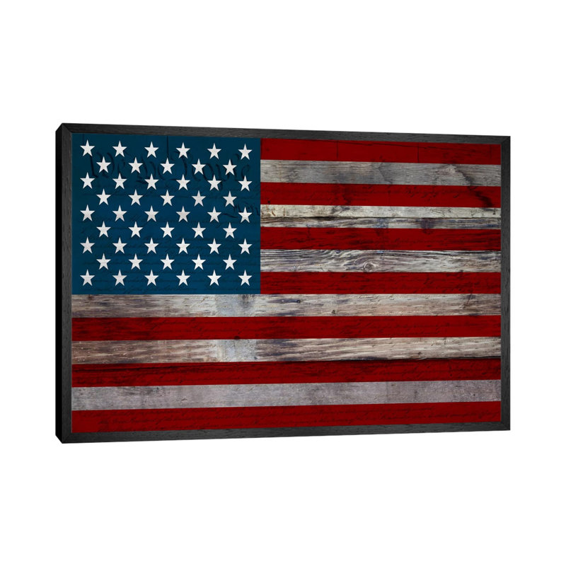 Usa Flag On Wood Boards (U.S. Constitution Background) I - Print on Canvas, Black Floater Framed, 152.5 cm H x 101.5 cm W