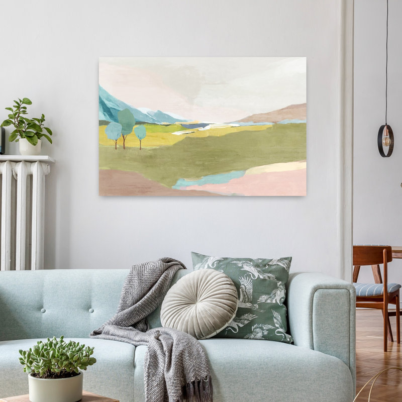 Tranquil Meadow with Distant Mountains Abstract Contemporary Landscape Nature, art mural, H 24 po x l 36 po