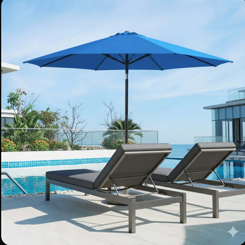 Parasol de patio bleu avec manivelle, nervures Tilt *, auvent résistant aux rayons UV pour la piscine, la cour et le patio (sans base)
