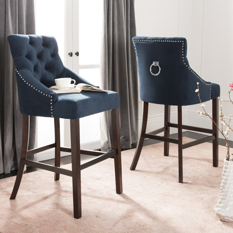 Tabouret de bar et de comptoir Balyon, Velours - Bleu marine, Tabouret de bar (assise de 30 po de hauteur)