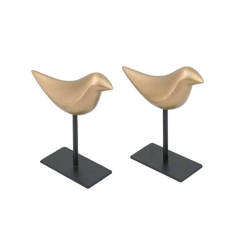 S/2 6.3X2.5X8" Gold Resin Bird Figurines On Sleek Black Iron Stands