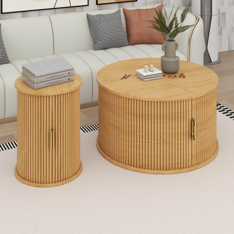 Ensemble de 2 tables d'appoint rondes cannelées et rondes, Naturel, 2 pièces: table basse, table de bout