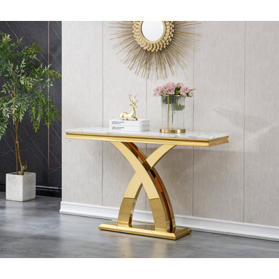 46.85" Marble Console Table, Luxury Long Narrow Console Entryway Table Hallway Table with Sickle-shaped Stainless Steel Base and Faux Marble Tabletop, by Everly Quinn