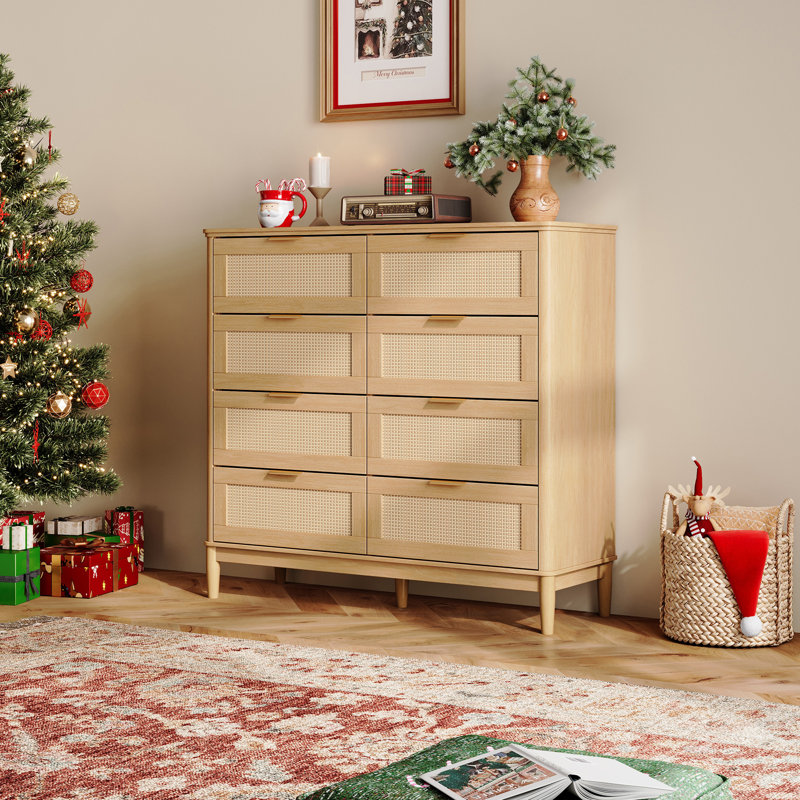 47 " Rattan 8-Drawer Dresser With Solid Wood Legs, Natural
