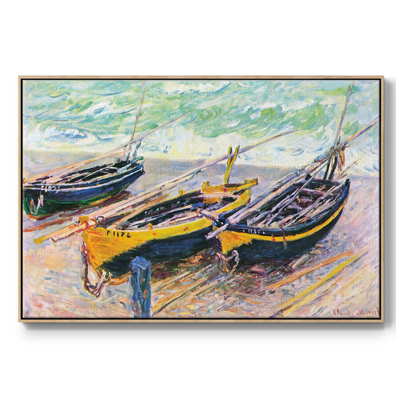 Trois bateaux de pêche à Eretrat, H 25 po x l 37 po x P 2 po, Bois naturel
