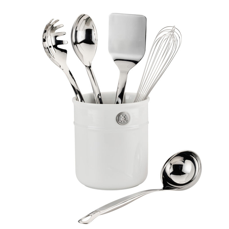 Hestan Provisions 6Pc Deluxe Tool Set: Porcelain Bain Marie, Stainless Steel Solid Spoon, Ladle Pasta Fork, Turner/Spatula, French Whisk
