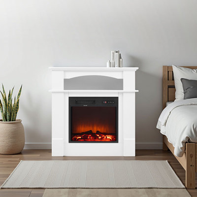 Foyer électrique sur pied - 33 po - bois - 1 pièce - poêle chauffant avec manteau de cheminée - blanc - flamme 3D réaliste avec télécommande