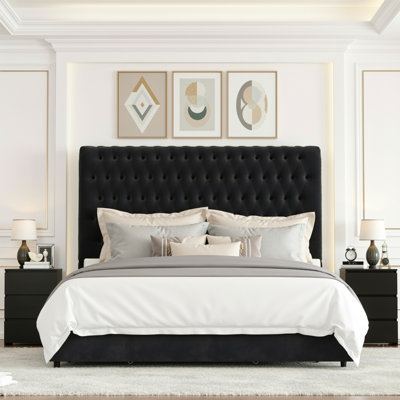 Ensemble de chambre à coucher 3 pièces, grand lit capitonné en velours