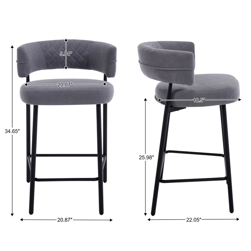 Modern Upholstered Bar Stool with Backrest Armrest, Grey