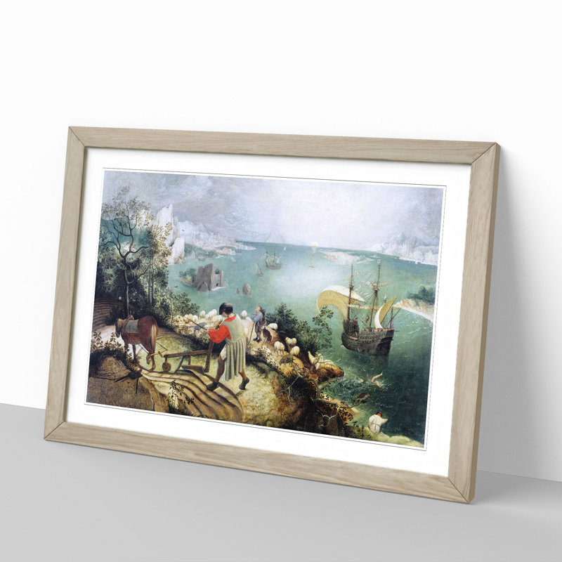 The Fall of Icarus by Pieter Bruegel the Elder - Picture Frame Painting on MDF, Oak, 48cm H x 65cm W x 2cm D