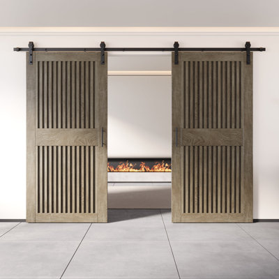 Homacer Classic Gray Double 30in x 84in Unassembled & Finished Diamond Design Barn Doors with Non-Bypass Installation Hardware Kit, 11ft track, interior use only