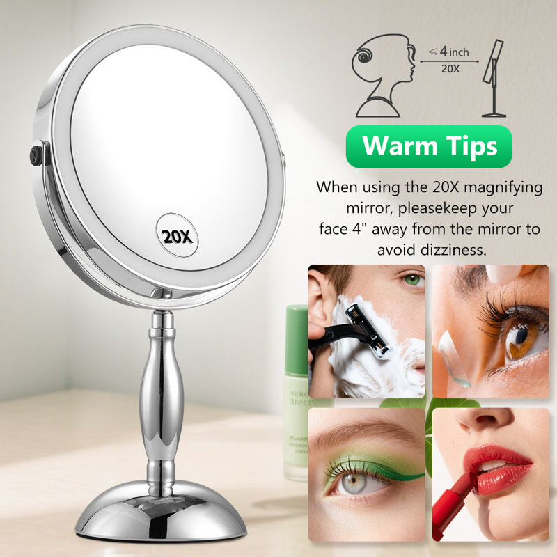 Miroir de maquillage pour salle de bain lumineux en métal 20x à DEL avec 3 lumières à intensité variable, Chrome chrome