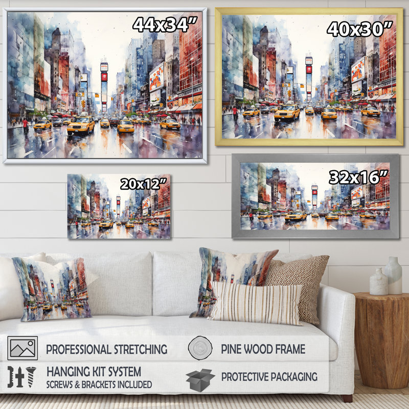 Times Square, paysage urbain de New York I - art mural New York, Cadre flottant doré, H 30 po x l 40 po x P 1,5 po