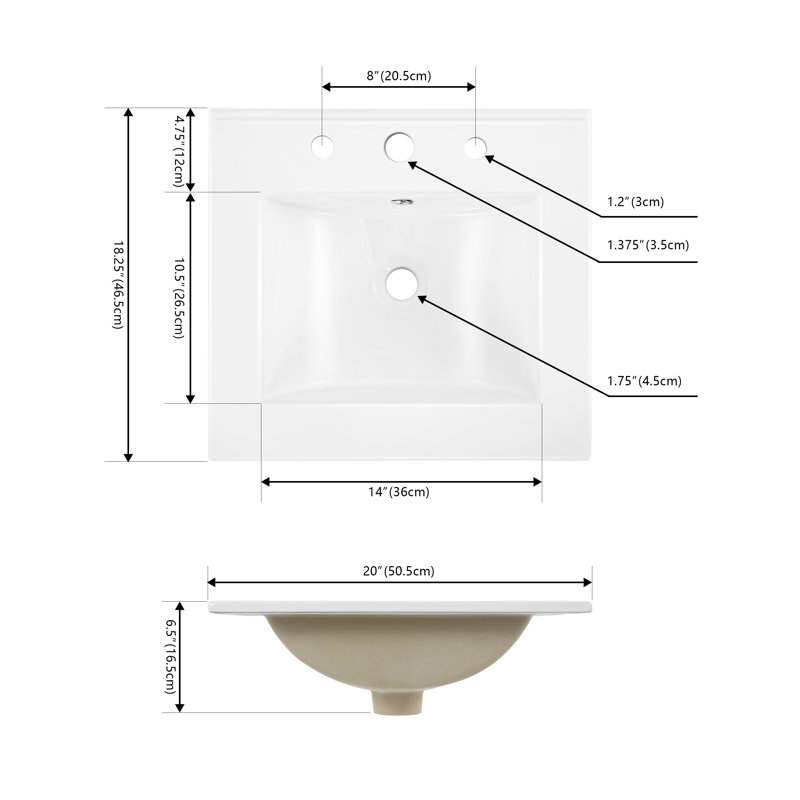 Ancillary 3-Hole 20 in. W x 18.25 in. D Classic Contemporary Rectangular Glossy Ceramic Single Sink Basin Bathroom Vanity Top, White