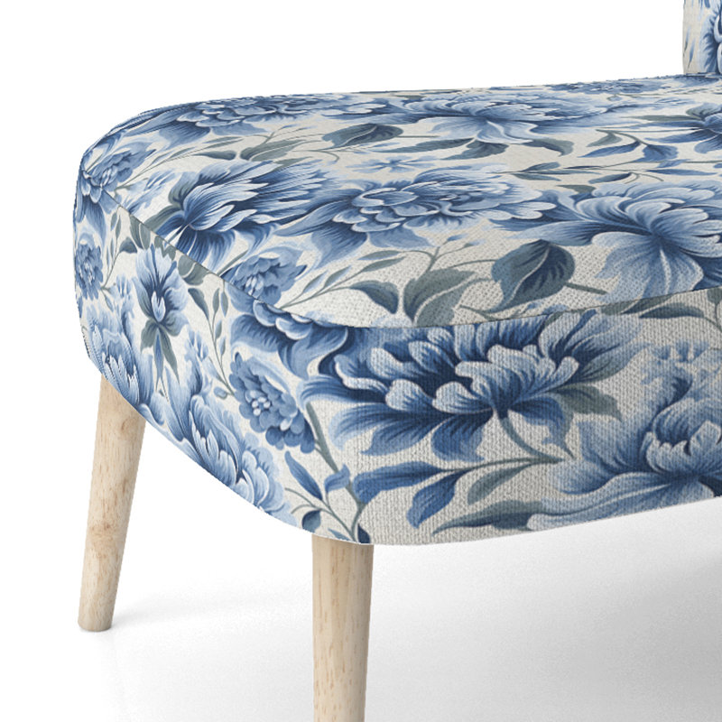 Chaise d'appoint rembourrée blanche et bleue à motif damas blanc et bleu éclectique