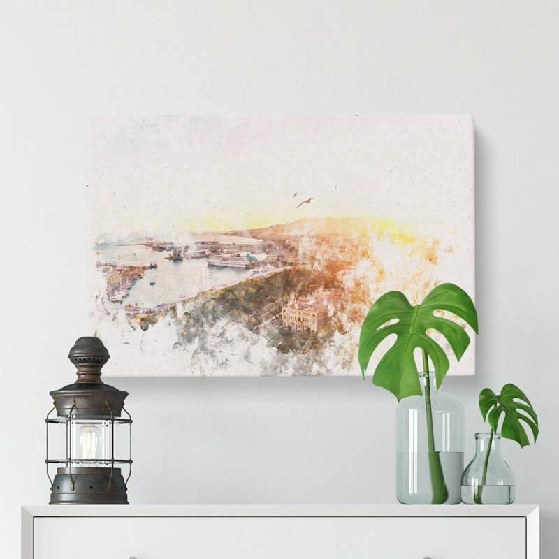 Malaga Skyline in Spain Watercolour - Wrapped Canvas, 60cm H x 91cm W x 3cm D