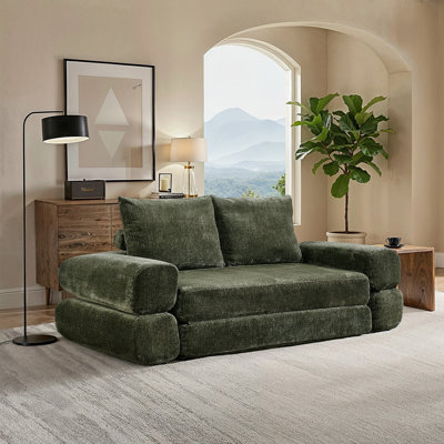 Frameless Boneless Loveseat Sofa‑Bed Split‑Back Convertible Queen‑Size Sleeper Compressed Chenille Foam Couch No Assembly