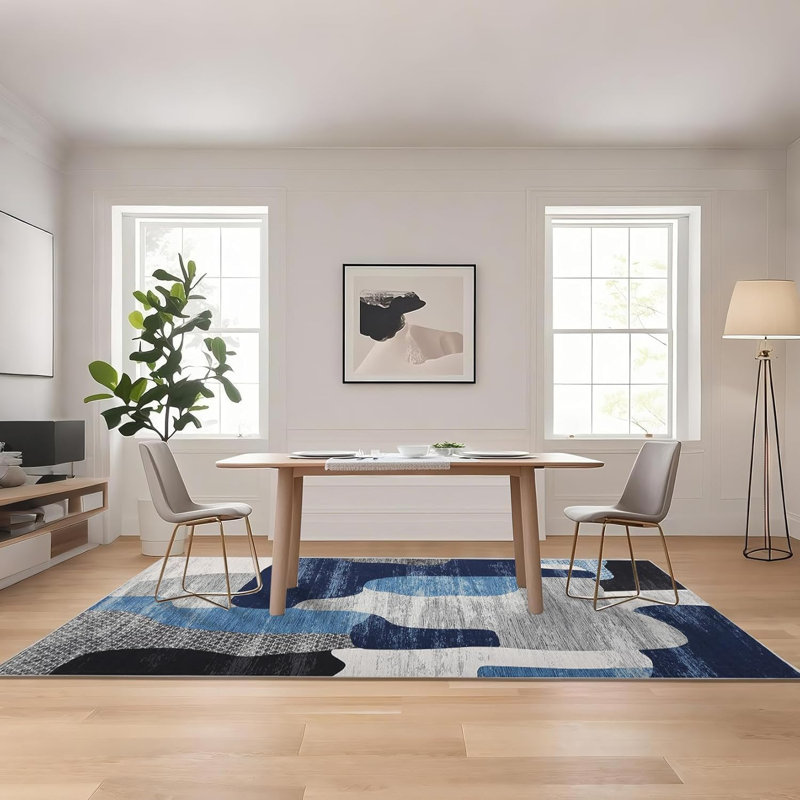 Abstract Machine Printed Area Rug, Blue, Rectangle 160 x 230 cm