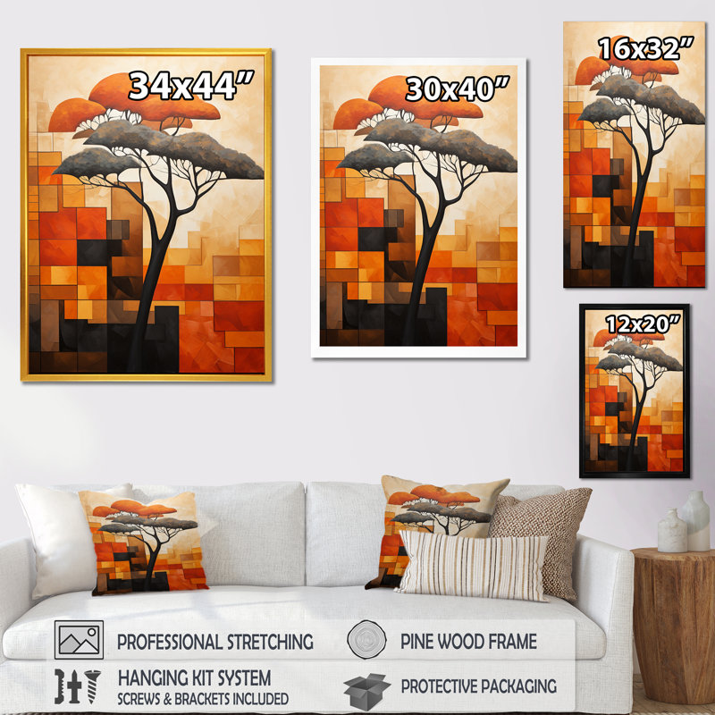 Cubist African Tree Landscape 1 - Art mural africain, Toile tendue, H 32 po x l 16 po x P 1 po