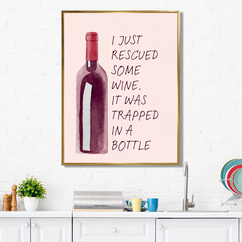 «I Just Rescued Some Wine» - Art mural de salon, cocktails, Toile avec cadre flottant or, H 20 po x l 12 po x P 1 po